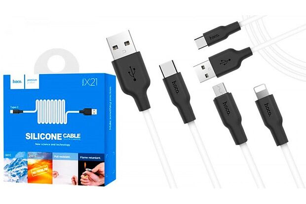USB кабель HOCO X21 Silicone MicroUSB, 1м, силикон (белый/черный) - 2